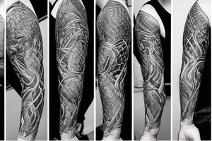 A surreal, abstract, black and white arm sleeve featuring the body of a snake as the center, surrounded by other textures found in nature like raven feathers, pangolin scales, and fish scales tattoo idea