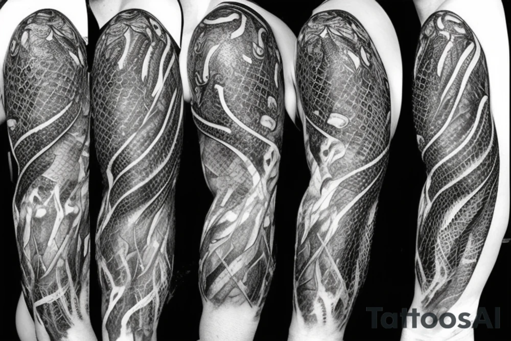 A surreal, abstract, black and white arm sleeve featuring the body of a snake as the center, surrounded by other textures found in nature like raven feathers, pangolin scales, and fish scales tattoo idea