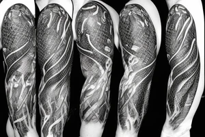 A surreal, abstract, black and white arm sleeve featuring the body of a snake as the center, surrounded by other textures found in nature like raven feathers, pangolin scales, and fish scales tattoo idea