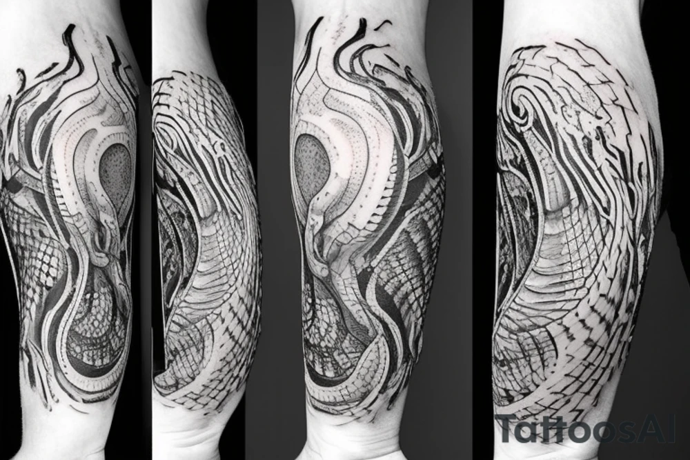 A surreal, abstract, black and white arm sleeve featuring the body of a snake as the center, surrounded by other textures found in nature like raven feathers, pangolin scales, and black abstract swirls tattoo idea