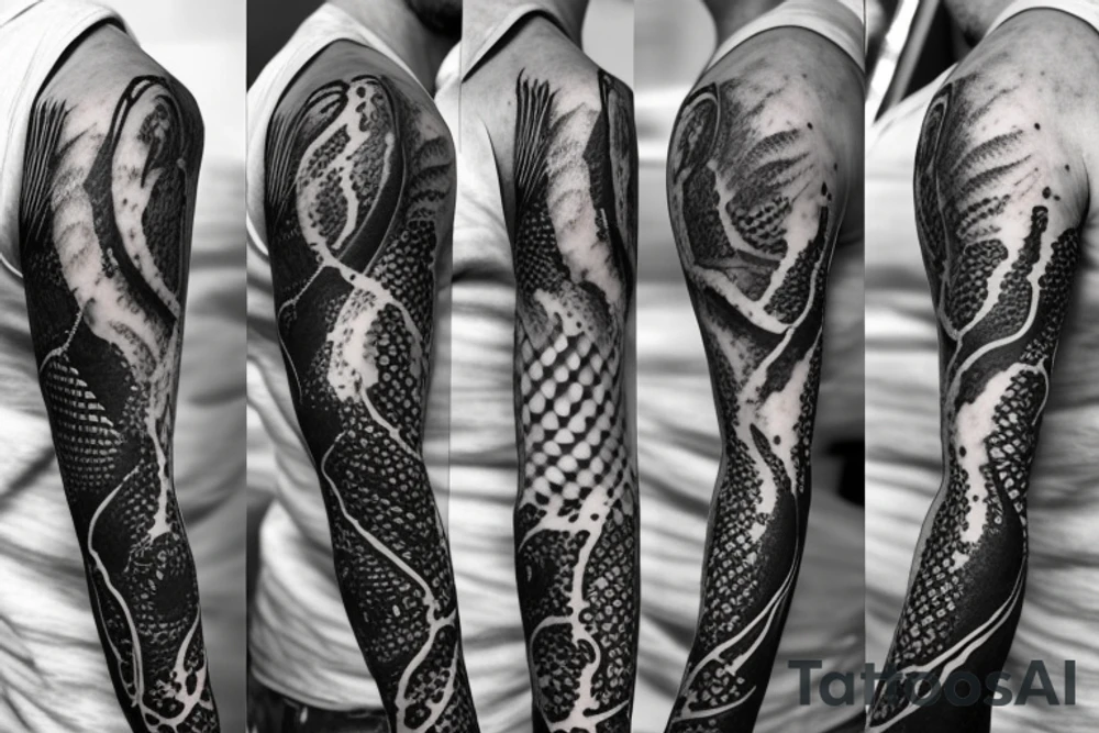 A surreal, abstract, black and white arm sleeve featuring the body of a snake as the center, surrounded by other textures found in nature like raven feathers, pangolin scales, and black abstract swirls tattoo idea