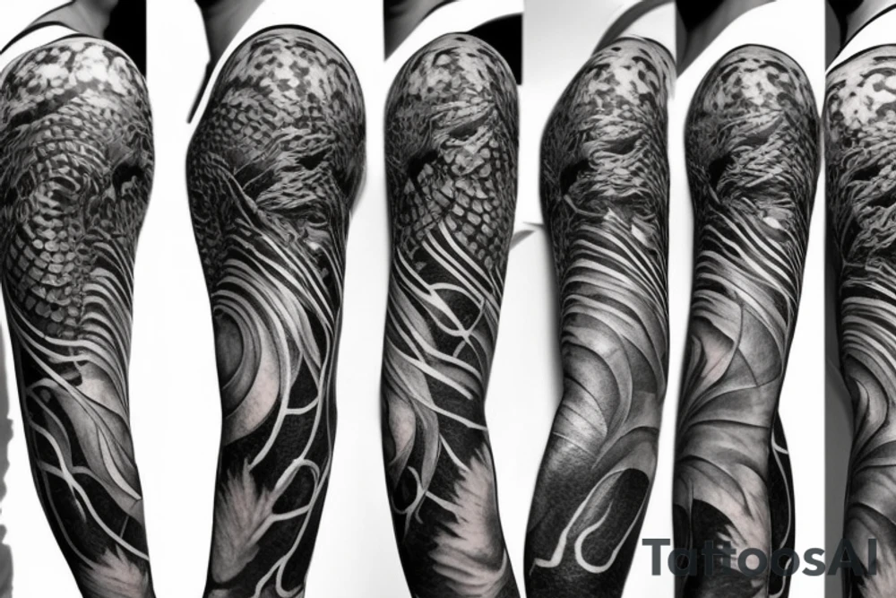A surreal, abstract, black and white arm sleeve featuring the body of a snake as the center, surrounded by other textures found in nature like raven feathers, pangolin scales, and black abstract swirls tattoo idea