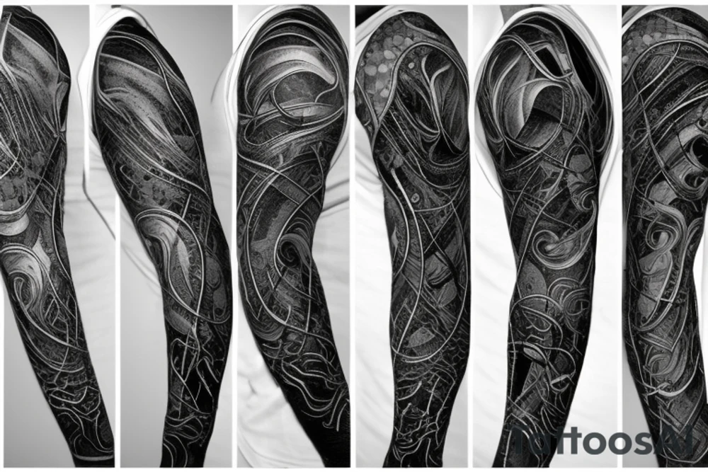 A surreal, abstract, black and white arm sleeve featuring the body of a snake as the center, surrounded by other textures found in nature like raven feathers, pangolin scales, and black abstract swirls tattoo idea