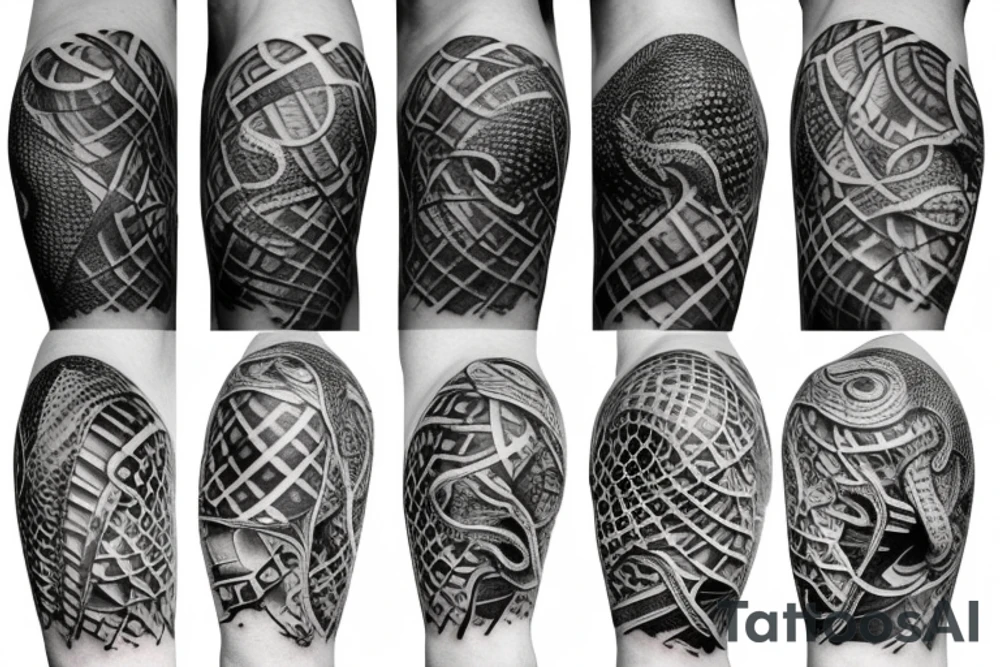 A surreal, abstract, black and white arm sleeve featuring the body of a snake as the center, surrounded by other textures found in nature like raven feathers, pangolin scales, and black abstract swirls tattoo idea