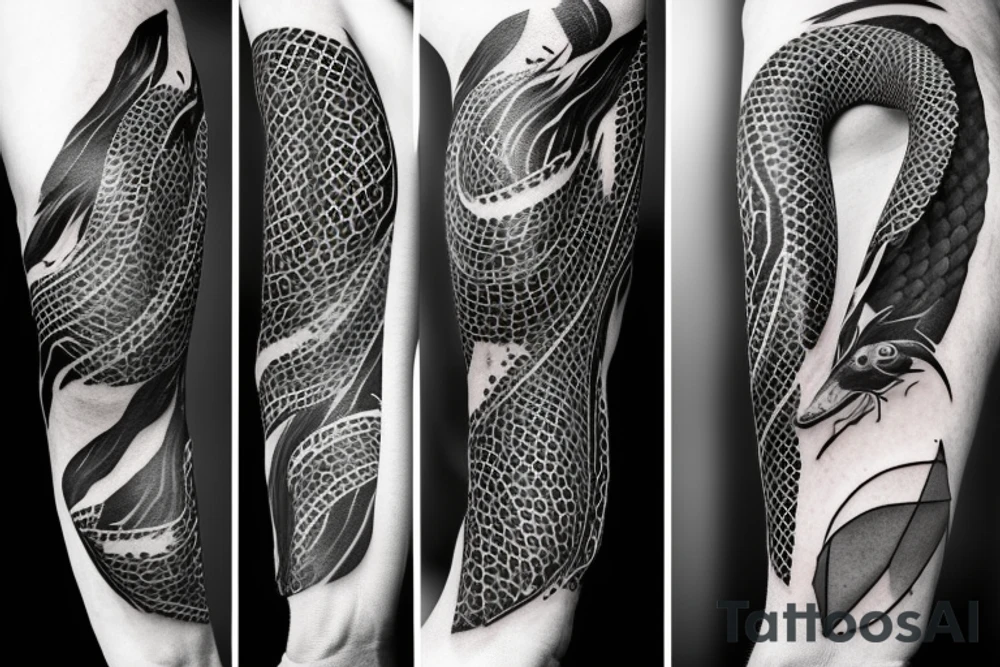 A surreal, abstract, black and white arm sleeve featuring the body of a snake as the center, surrounded by other textures found in nature like raven feathers, pangolin scales, and black abstract swirls tattoo idea