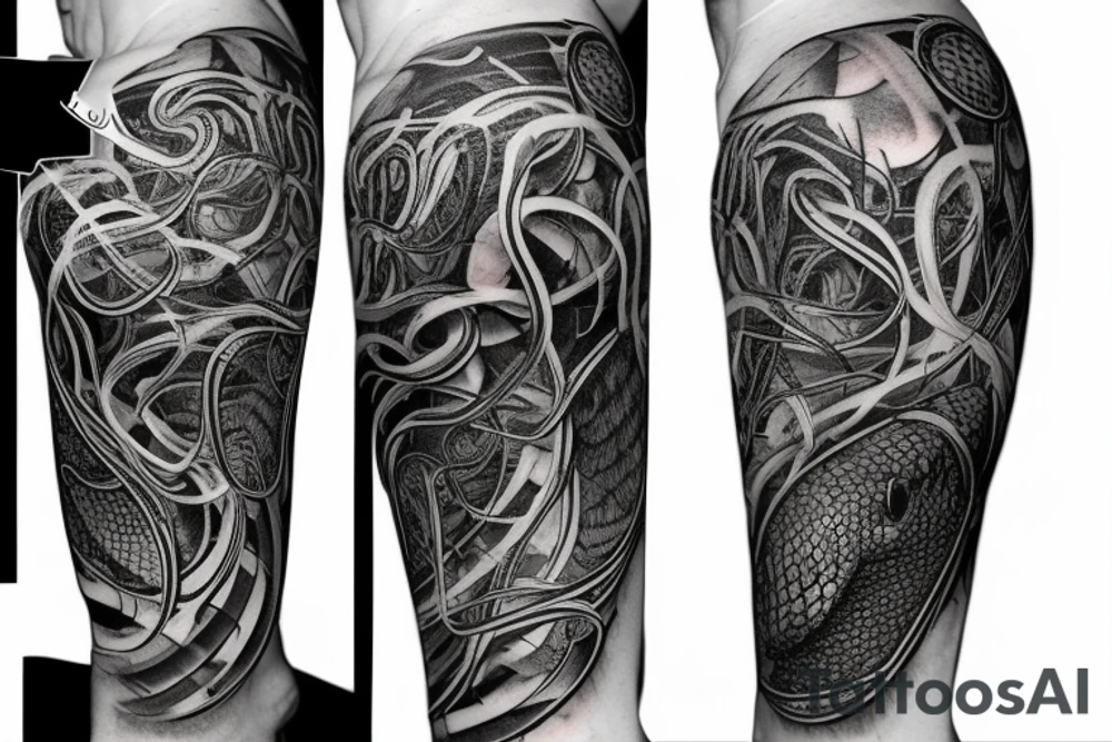 A surreal, abstract, black and white arm sleeve featuring the body of a snake as the center, surrounded by other textures found in nature like raven feathers, pangolin scales, and black abstract swirls tattoo idea