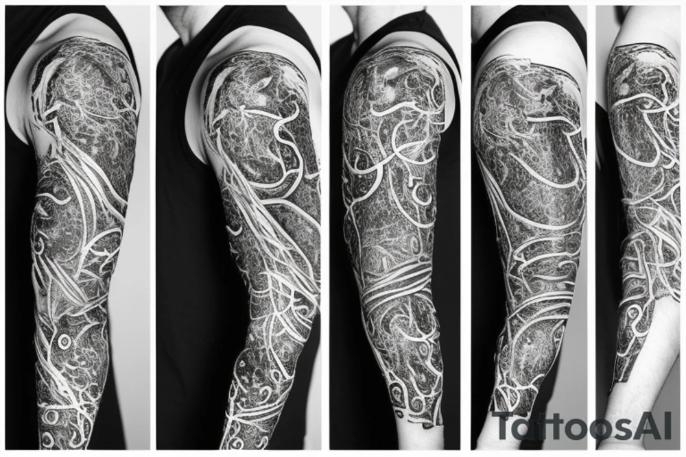 A surreal, abstract, black and white arm sleeve featuring the body of a snake as the center, surrounded by other textures found in nature like raven feathers, pangolin scales, and black abstract swirls tattoo idea