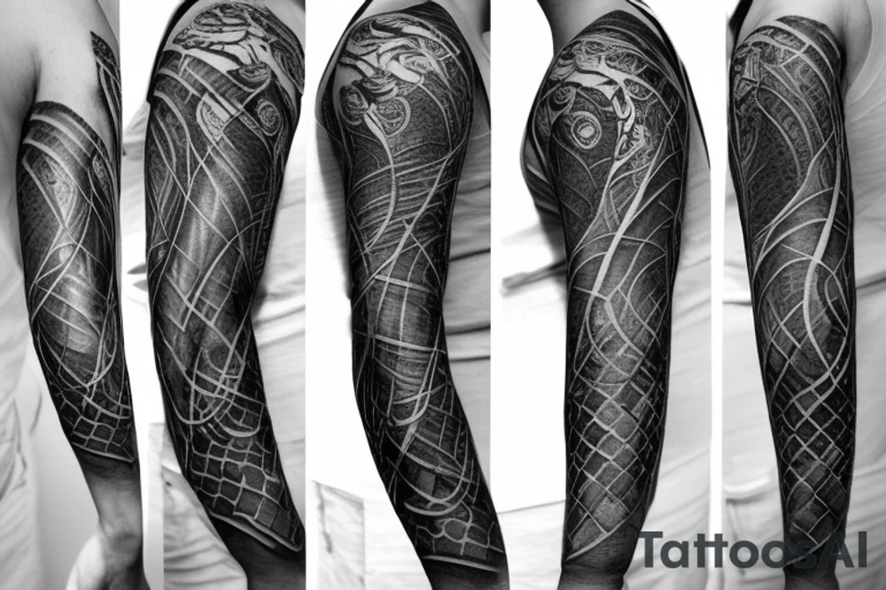 A surreal, abstract, black and white arm sleeve featuring the body of a snake as the center, surrounded by other textures found in nature like raven feathers, pangolin scales, and black abstract filler tattoo idea