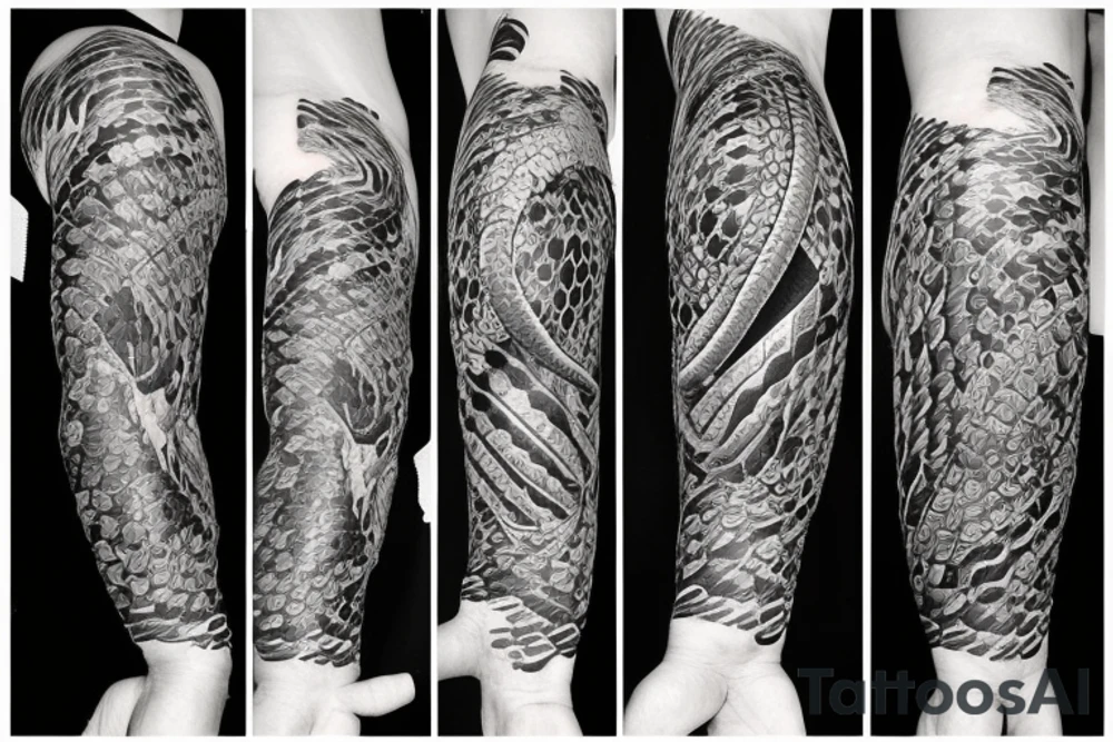 A surreal, abstract, black and white arm sleeve featuring the body of a snake as the center, surrounded by other textures found in nature like raven feathers, pangolin scales, and black abstract filler tattoo idea