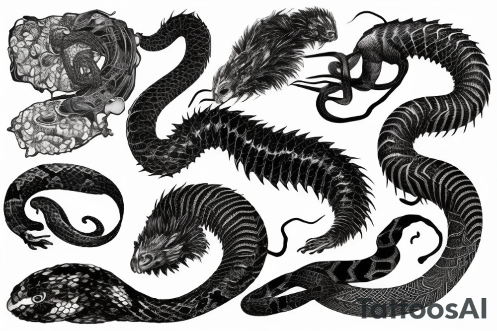 A surreal, abstract, black and white arm sleeve featuring the body of a snake as the center, surrounded by other textures found in nature like raven feathers, pangolin scales, and black abstract filler tattoo idea