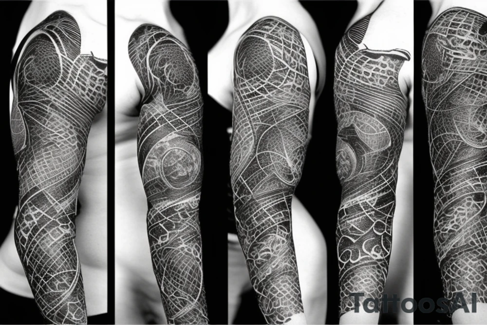 A surreal, abstract, black and white arm sleeve featuring the body of a snake as the center, surrounded by other textures found in nature like raven feathers, pangolin scales, and black abstract filler tattoo idea