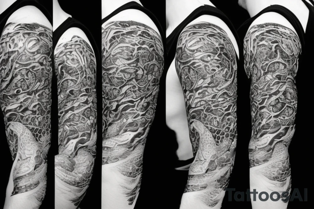 A surreal, abstract, black and white arm sleeve featuring the body of a snake as the center, surrounded by other textures found in nature like raven feathers, pangolin scales, and black abstract filler tattoo idea