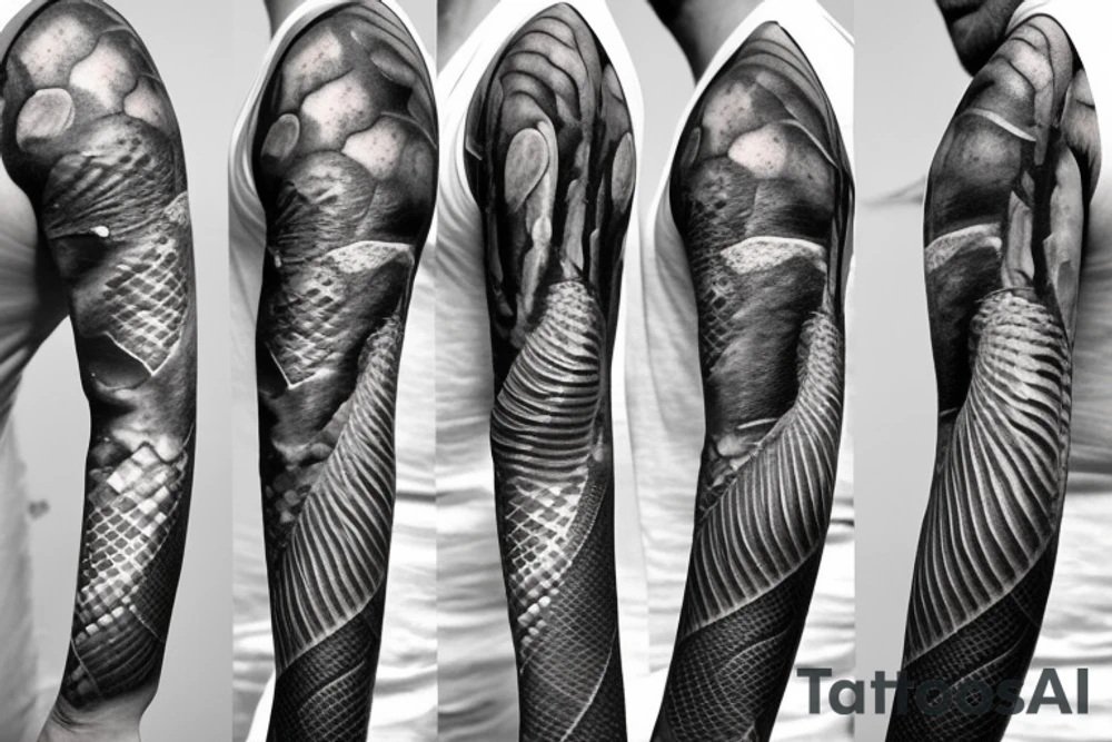 A surreal, abstract, black and white arm sleeve featuring the body of a snake as the center, surrounded by other textures found in nature like raven feathers, pangolin scales, and black abstract filler tattoo idea
