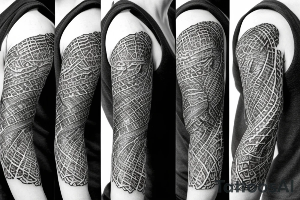 A surreal, abstract, black and white arm sleeve featuring the body of a snake as the center, surrounded by other textures found in nature like raven feathers, pangolin scales, and black abstract filler tattoo idea