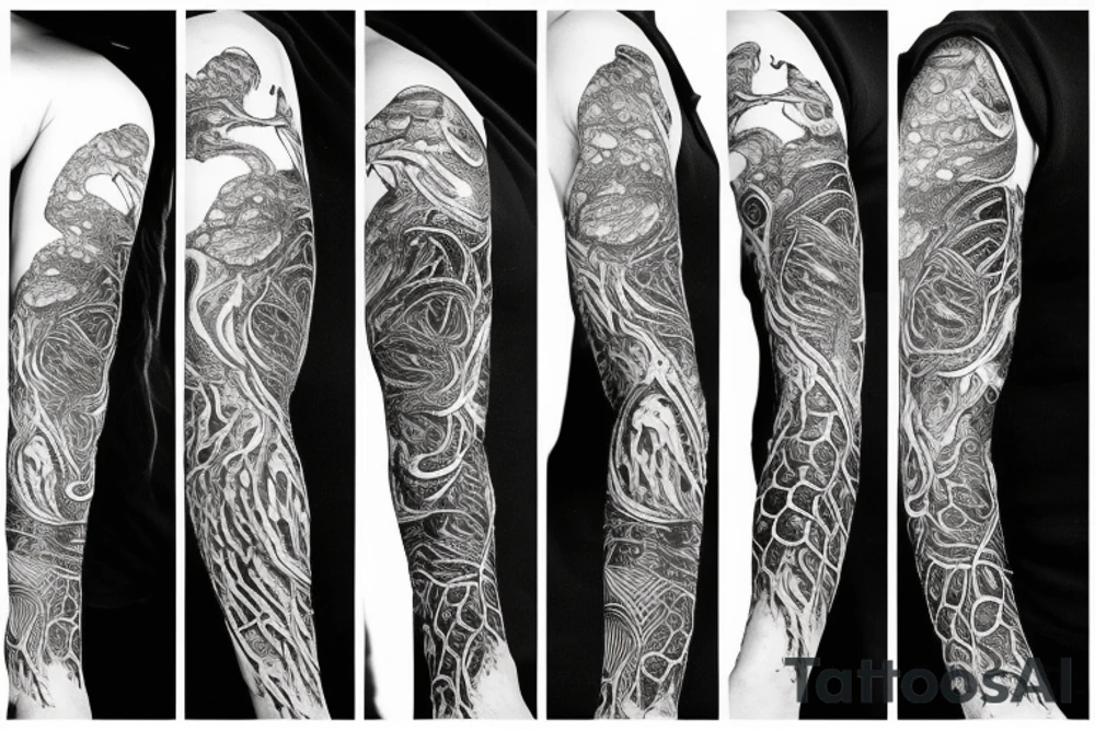 A surreal, abstract, black and white arm sleeve featuring the body of a snake as the center, surrounded by other textures found in nature like raven feathers, pangolin scales, and black abstract filler tattoo idea
