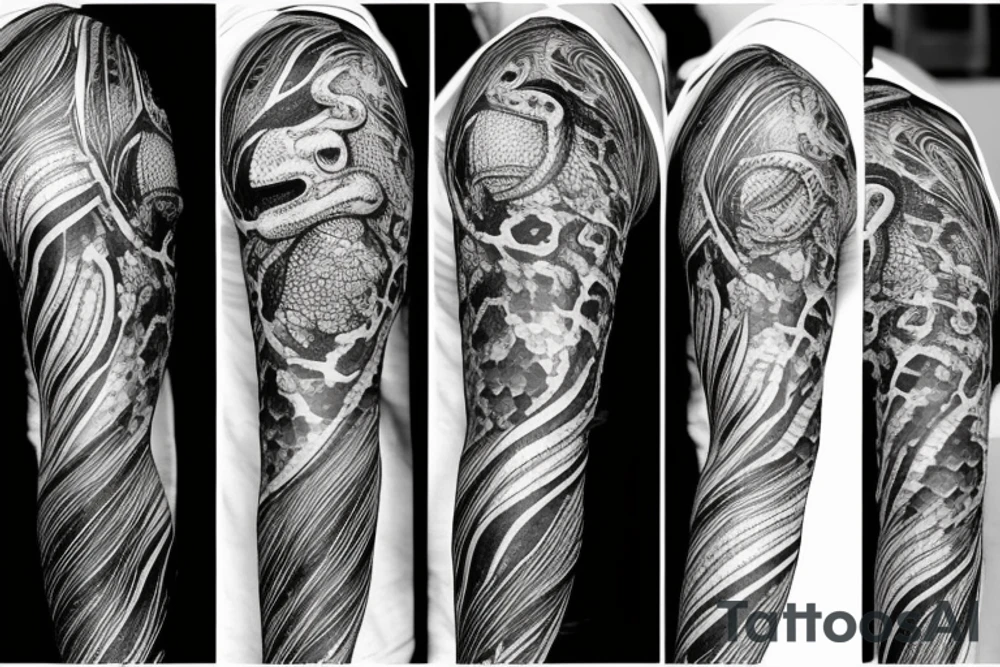 A surreal, abstract, black and white arm sleeve featuring the body of a snake as the center, surrounded by other textures found in nature like raven feathers, pangolin scales, and black abstract background tattoo idea