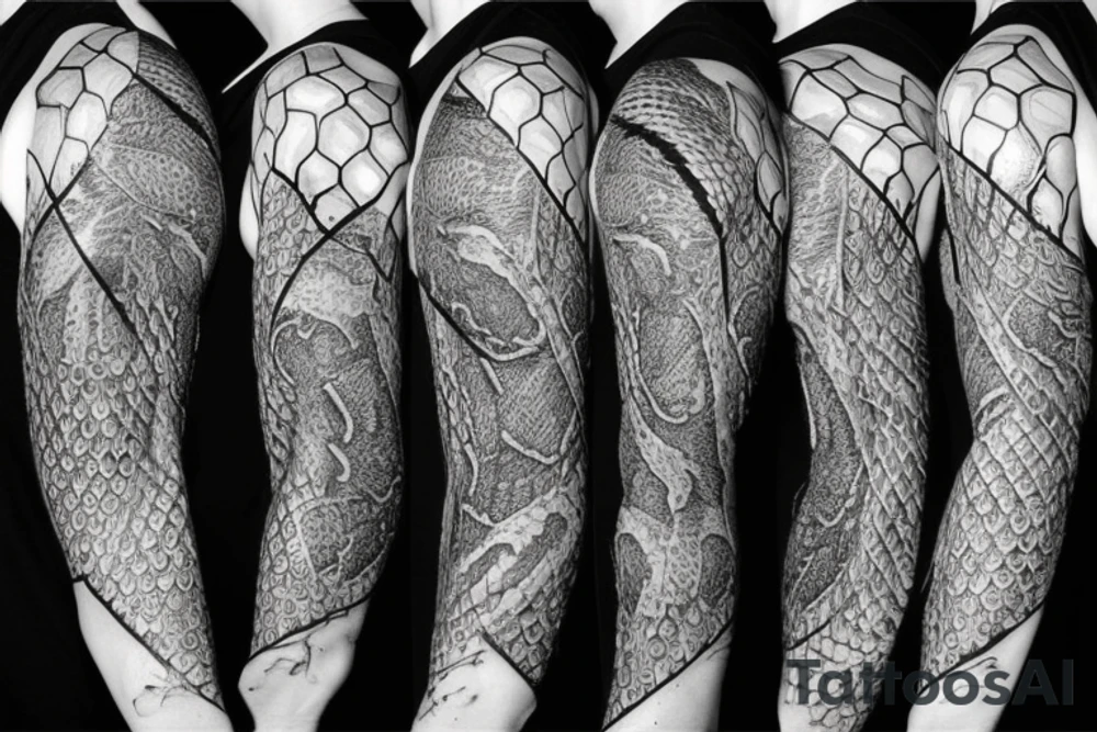 A surreal, abstract, black and white arm sleeve featuring the body of a snake as the center, surrounded by other textures found in nature like raven feathers, pangolin scales, and black abstract background tattoo idea