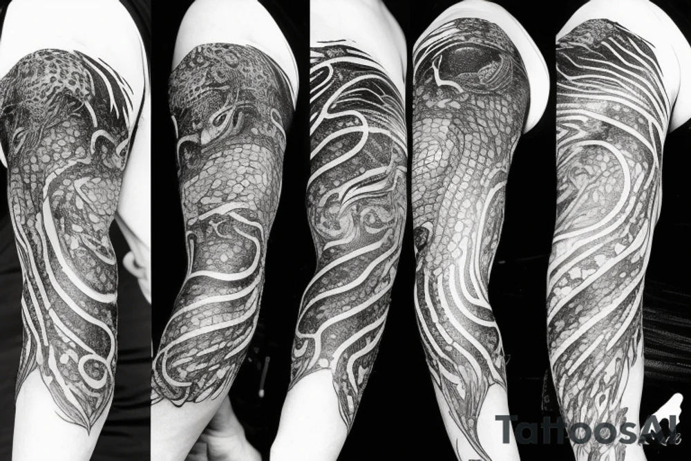 A surreal, abstract, black and white arm sleeve featuring the body of a snake as the center, surrounded by other textures found in nature like raven feathers, pangolin scales, and black abstract background tattoo idea
