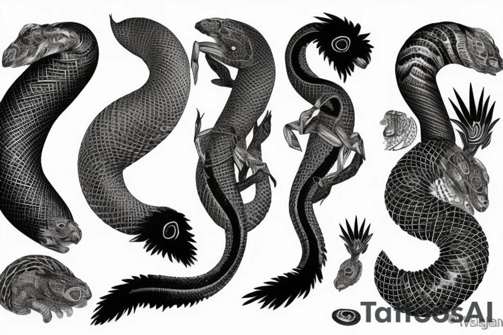 A surreal, abstract, black and white arm sleeve featuring the body of a snake as the center, surrounded by other textures found in nature like raven feathers, pangolin scales, and black abstract background tattoo idea