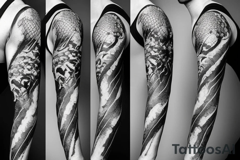 A surreal, abstract, black and white arm sleeve featuring the body of a snake as the center, surrounded by other textures found in nature like raven feathers, pangolin scales, and black abstract background tattoo idea