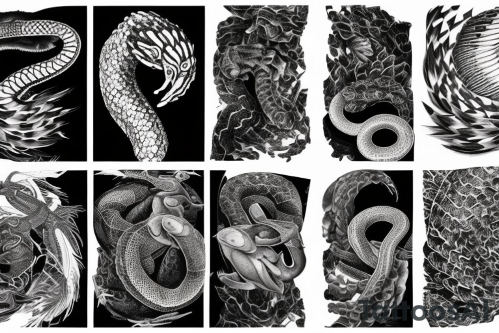 A surreal, abstract, black and white arm sleeve featuring the body of a snake as the center, surrounded by other textures found in nature like raven feathers, pangolin scales, and black abstract background tattoo idea