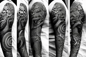 A surreal, abstract, black and white arm sleeve featuring an ouroboros as the center, surrounded by other textures found in nature like raven feathers, pangolin scales, and black abstract background tattoo idea