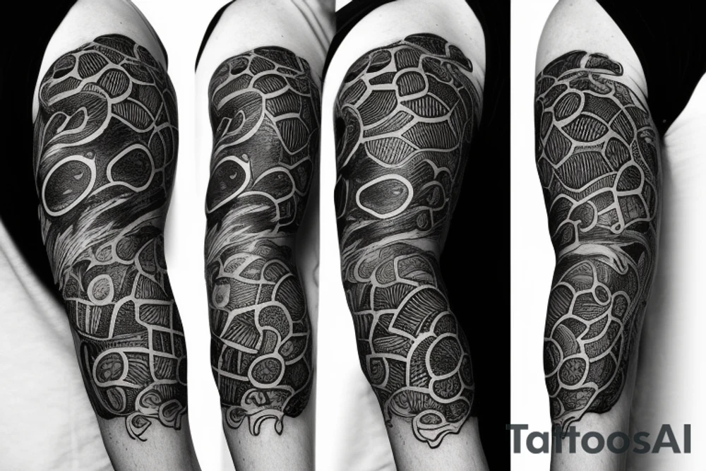 A surreal, abstract, black and white arm sleeve featuring an ouroboros as the center, surrounded by other textures found in nature like raven feathers, pangolin scales, and black abstract background tattoo idea