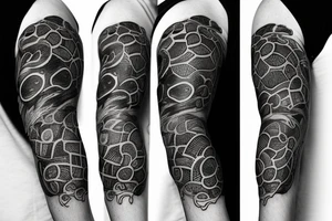 A surreal, abstract, black and white arm sleeve featuring an ouroboros as the center, surrounded by other textures found in nature like raven feathers, pangolin scales, and black abstract background tattoo idea