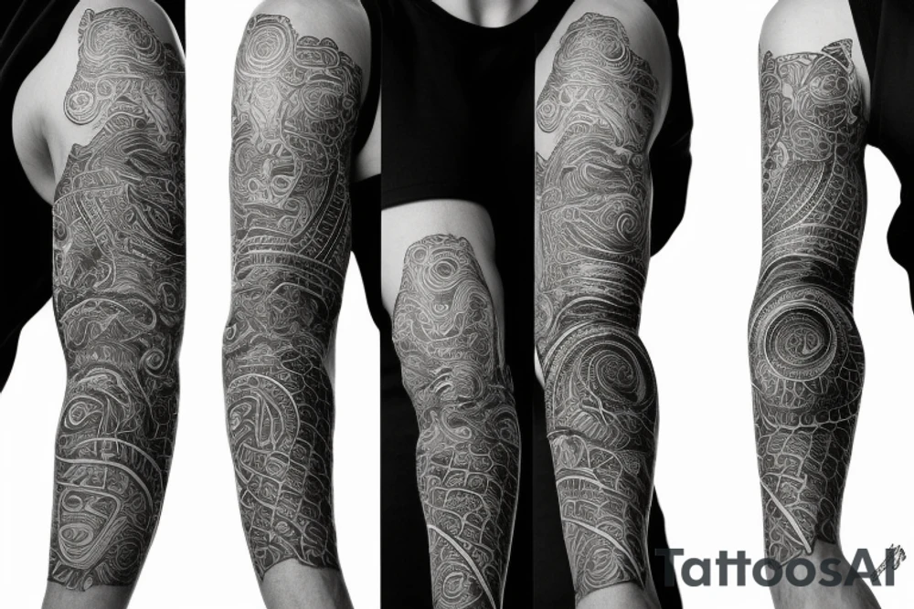 A surreal, abstract, black and white arm sleeve featuring an ouroboros as the center, surrounded by other textures found in nature like raven feathers, pangolin scales, and black abstract background tattoo idea