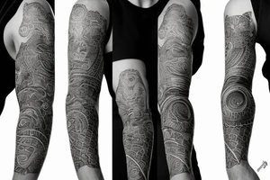 A surreal, abstract, black and white arm sleeve featuring an ouroboros as the center, surrounded by other textures found in nature like raven feathers, pangolin scales, and black abstract background tattoo idea