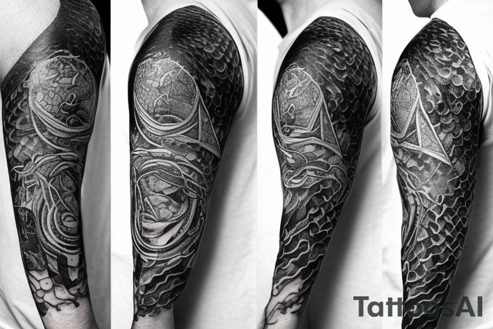 A surreal, abstract, black and white arm sleeve featuring an ouroboros as the center, surrounded by other textures found in nature like raven feathers, pangolin scales, and black abstract background tattoo idea