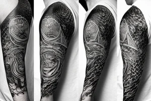 A surreal, abstract, black and white arm sleeve featuring an ouroboros as the center, surrounded by other textures found in nature like raven feathers, pangolin scales, and black abstract background tattoo idea