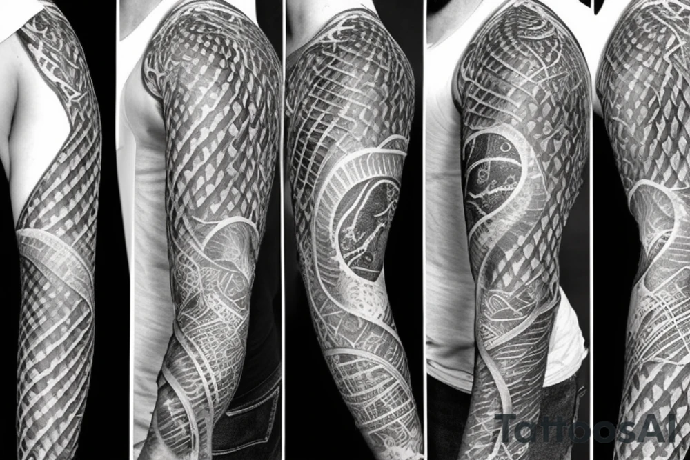 A surreal, abstract, black and white arm sleeve featuring an ouroboros as the center, surrounded by other textures found in nature like raven feathers, pangolin scales, and black abstract background tattoo idea