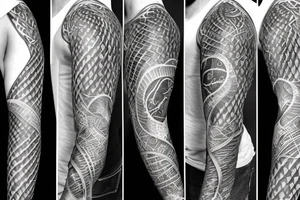 A surreal, abstract, black and white arm sleeve featuring an ouroboros as the center, surrounded by other textures found in nature like raven feathers, pangolin scales, and black abstract background tattoo idea