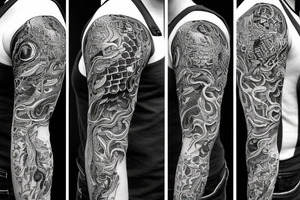 A surreal, abstract, black and white arm sleeve featuring an ouroboros as the center, surrounded by other textures found in nature like raven feathers, pangolin scales, and black abstract background tattoo idea