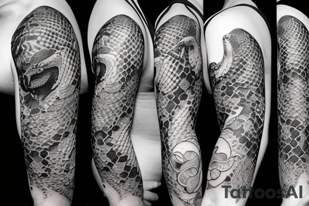 A surreal, abstract, black and white arm sleeve featuring a snake head eating its tail as the center, surrounded by other textures found in nature like raven feathers, pangolin scales, and black abstract background tattoo idea