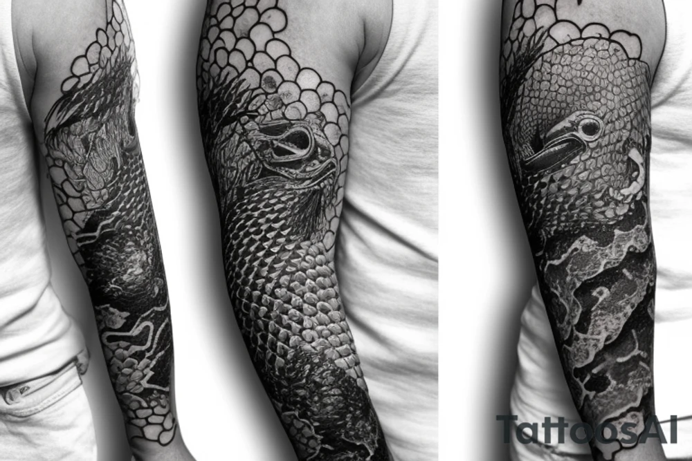 A surreal, abstract, black and white arm sleeve featuring a snake head eating its tail as the center, surrounded by other textures found in nature like raven feathers, pangolin scales, and black abstract background tattoo idea