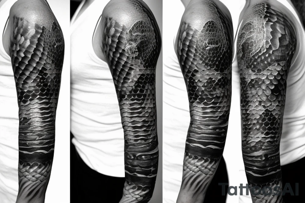 A surreal, abstract, black and white arm sleeve featuring a snake head eating its tail as the center, surrounded by other textures found in nature like raven feathers, pangolin scales, and black abstract background tattoo idea