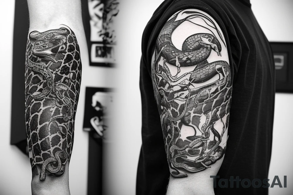 A surreal, abstract, black and white arm sleeve featuring a snake head eating its tail as the center, surrounded by other textures found in nature like raven feathers, pangolin scales, and black abstract background tattoo idea