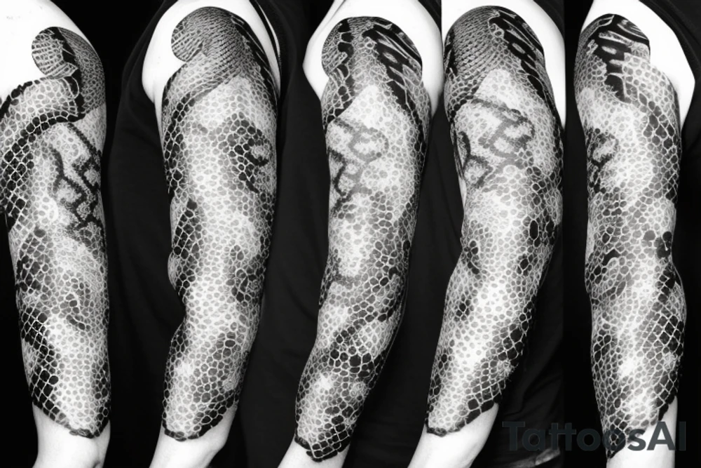 A surreal, abstract, black and white arm sleeve featuring a snake head eating its tail as the center, surrounded by other textures found in nature like raven feathers, pangolin scales, and black abstract background tattoo idea