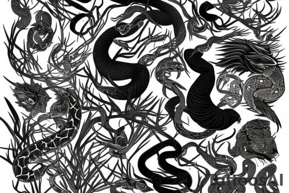 A surreal, abstract, black and white arm sleeve featuring a snake head eating its tail as the center, surrounded by other textures found in nature like raven feathers, pangolin scales, and black abstract background tattoo idea