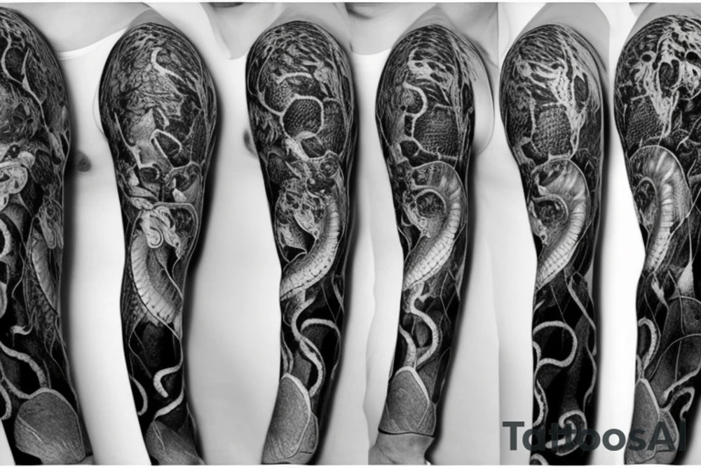 A surreal, abstract, black and white arm sleeve featuring a snake head eating its tail as the center, surrounded by other textures found in nature like raven feathers, pangolin scales, and black abstract background tattoo idea