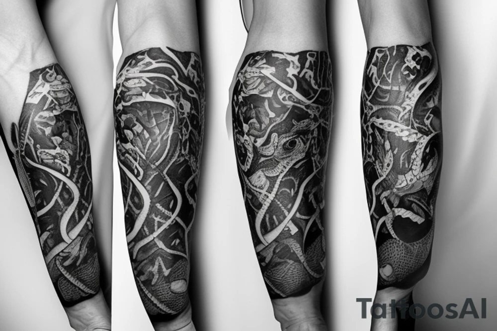 A surreal, abstract, black and white arm sleeve featuring a snake head eating its tail as the center, surrounded by other textures found in nature like raven feathers, pangolin scales, and black abstract background tattoo idea