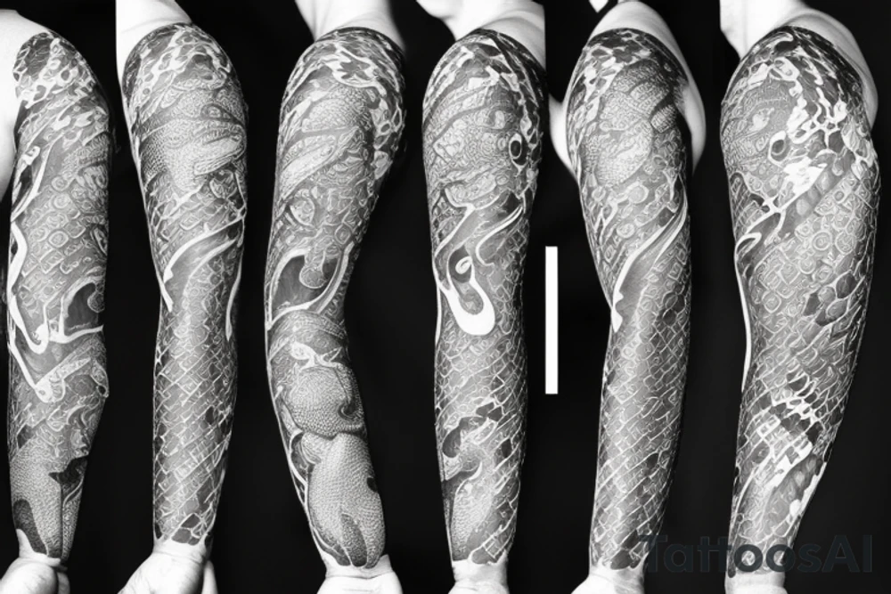 A surreal, abstract, black and white arm sleeve featuring a snake head with four eyes eating its tail as the center, surrounded by other textures found in nature like raven feathers, pangolin scales, and black abstract background tattoo idea