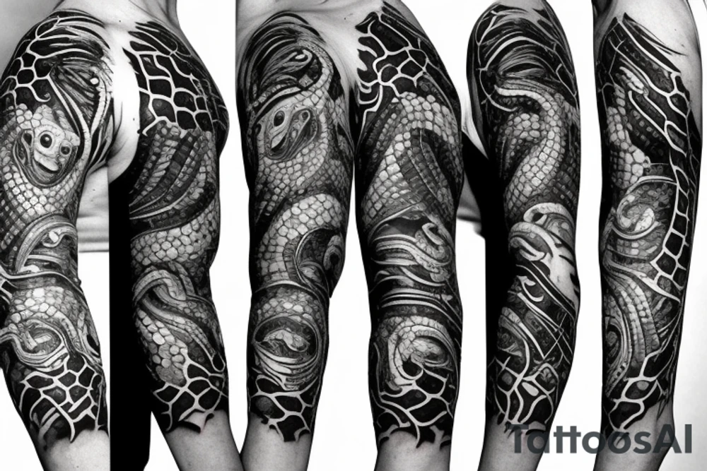 A surreal, abstract, black and white arm sleeve featuring a snake head with four eyes eating its tail as the center, surrounded by other textures found in nature like raven feathers, pangolin scales, and black abstract background tattoo idea