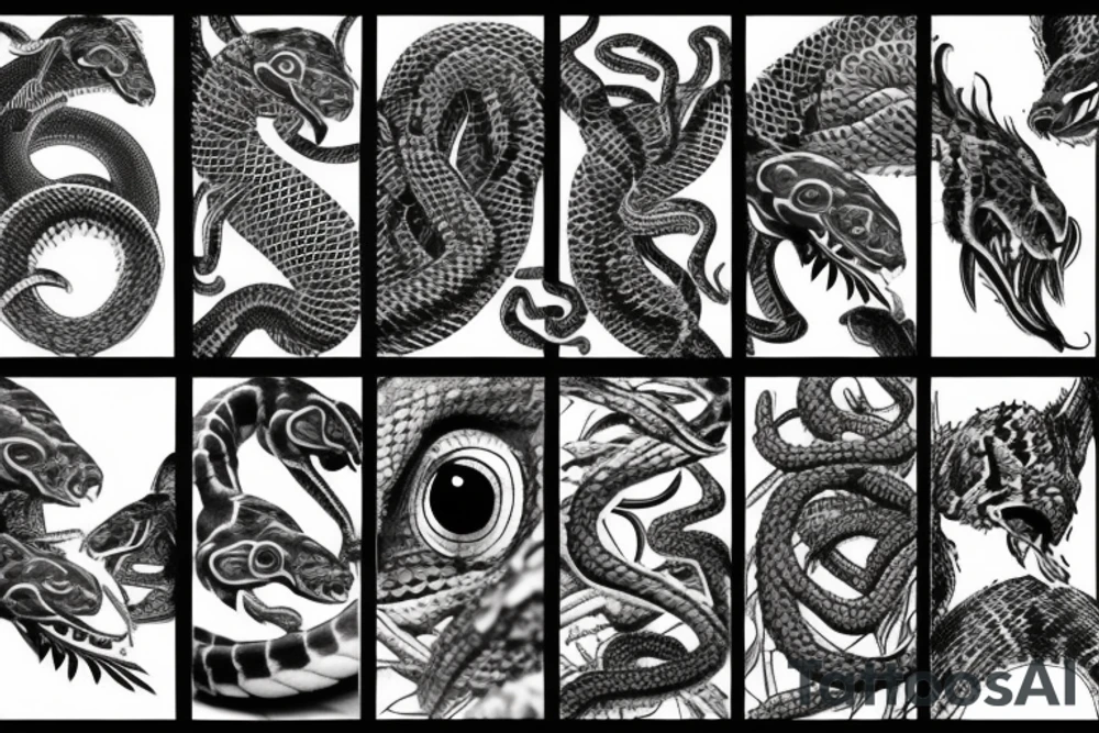 A surreal, abstract, black and white arm sleeve featuring a snake head with four eyes eating its tail as the center, surrounded by other textures found in nature like raven feathers, pangolin scales, and black abstract background tattoo idea