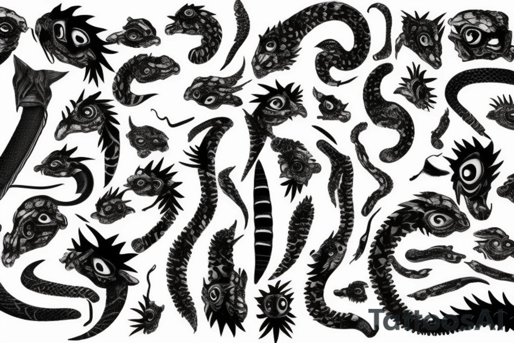 A surreal, abstract, black and white arm sleeve featuring a snake head with four eyes eating its tail as the center, surrounded by other textures found in nature like raven feathers, pangolin scales, and black abstract background tattoo idea
