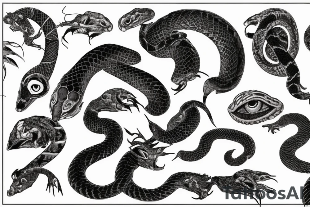 A surreal, abstract, black and white arm sleeve featuring a snake head with four eyes eating its tail as the center, surrounded by other textures found in nature like raven feathers, pangolin scales, and black abstract background tattoo idea