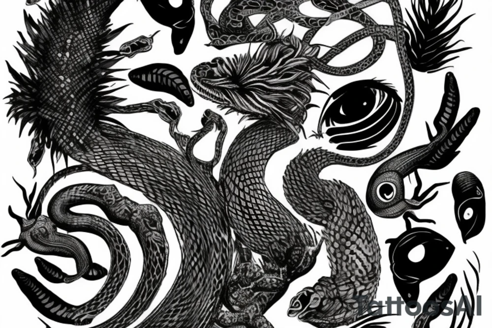 A surreal, abstract, black and white arm sleeve featuring a snake head with four eyes eating its tail as the center, surrounded by other textures found in nature like raven feathers, pangolin scales, and black abstract background tattoo idea