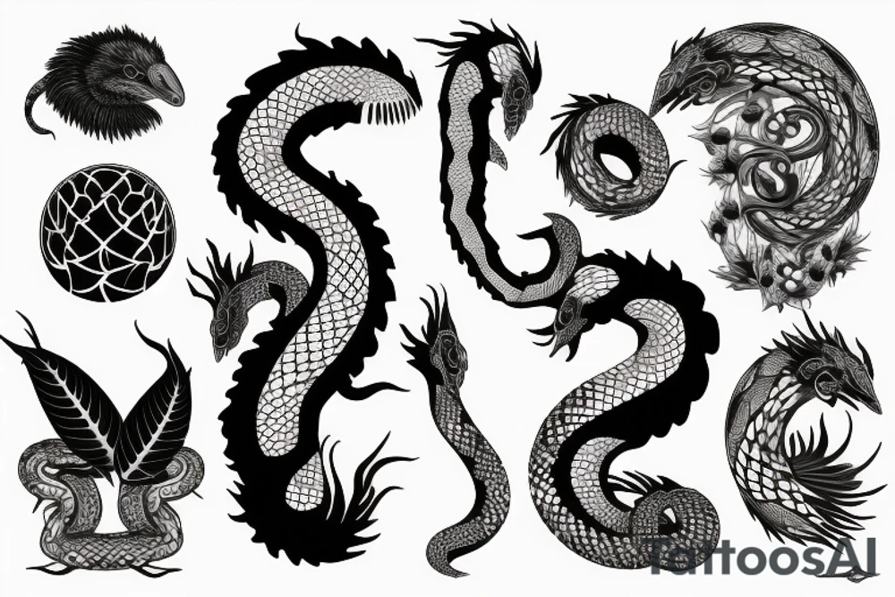 A surreal, abstract, black and white arm sleeve featuring a snake head with four eyes eating its tail as the center, surrounded by other textures found in nature like raven feathers, pangolin scales, and black abstract background tattoo idea